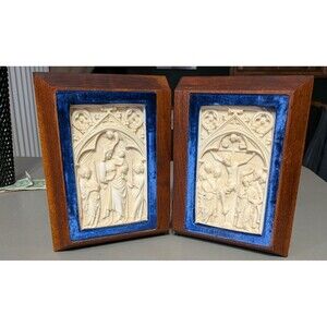 1940's Gothic Religious Diptych Carved Faux Ivory Wood Frame Blue Velvet